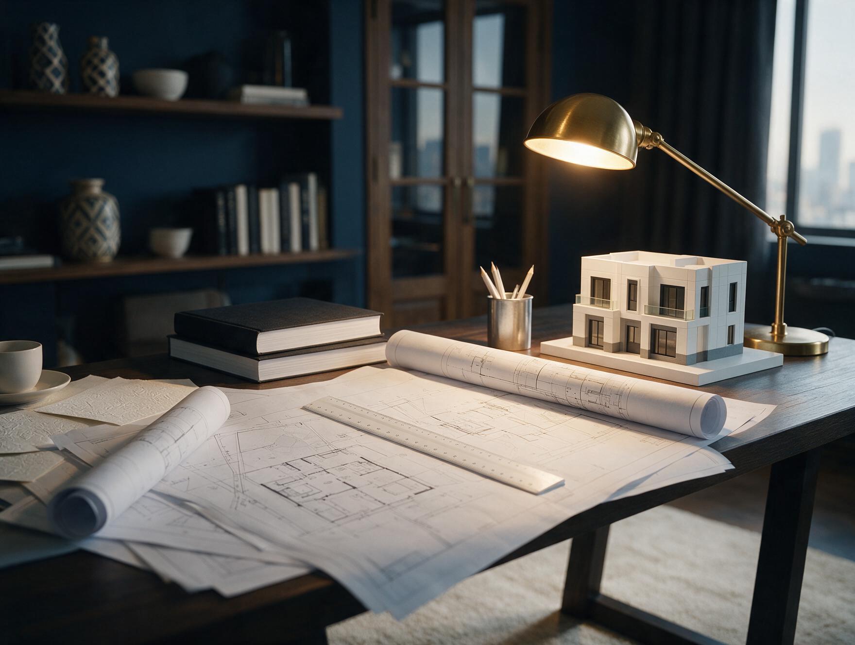 مكتب هندسي عليه مخططات ونموذج معماري لمبنى سكني